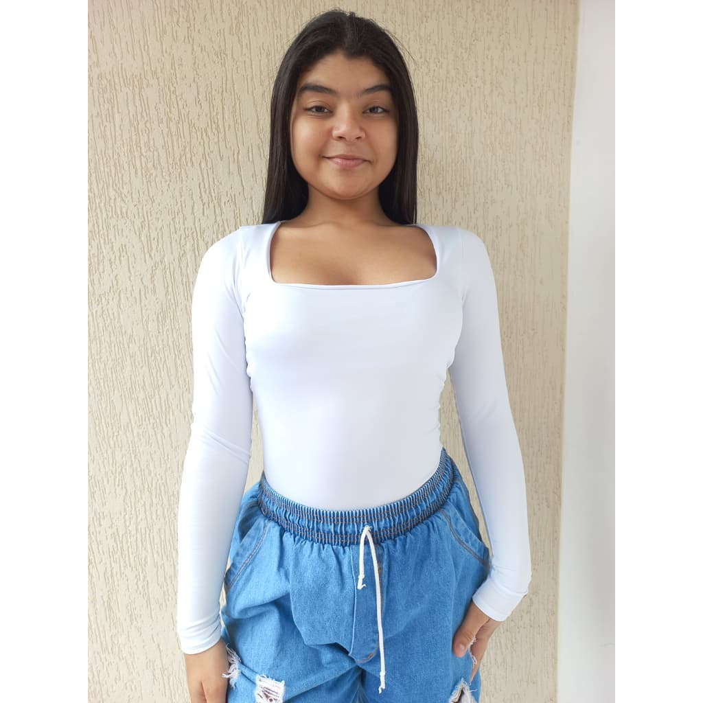 Body Com Decote Quadrado Com Forro no Busto Manga Longa Comprida e Fecho