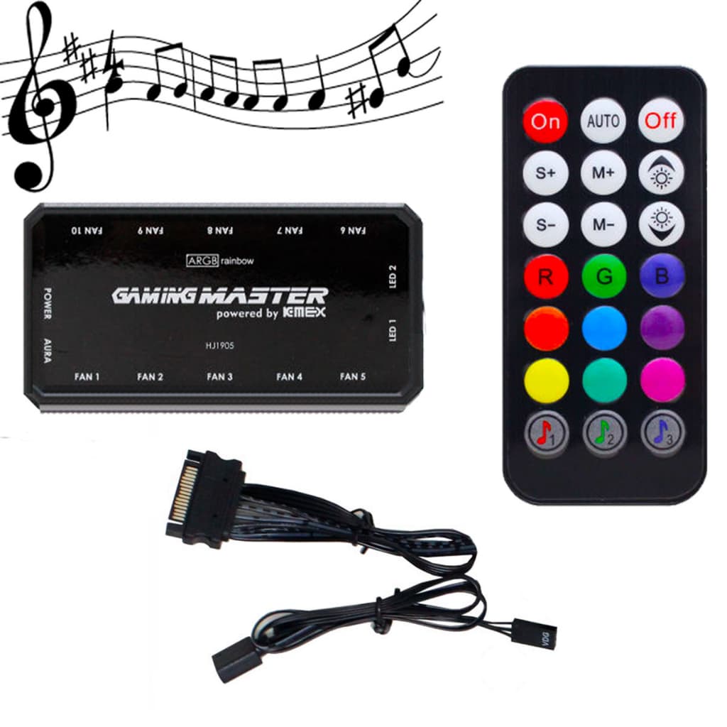 Controladora ARGB Para Cooler Fans 6 Pinos 5v Efeitos Rítmicos até 10 Fans + Controle Remoto + Cabos