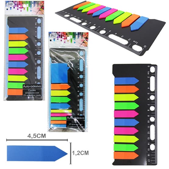 MARCADOR DE PAGINA / BLOCO DE ANOTACAO STICKER DE PLASTICO ADESIVO COM 250 FOLHAS + REGUA 17X8CM