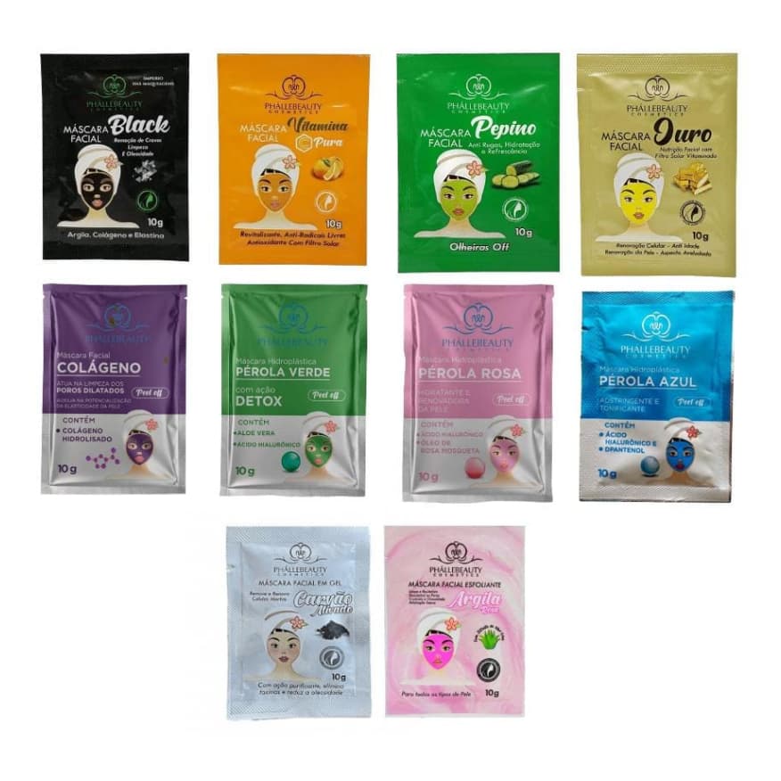 Kit com 10 Mascara Faciais em sache da PhalleBeauty