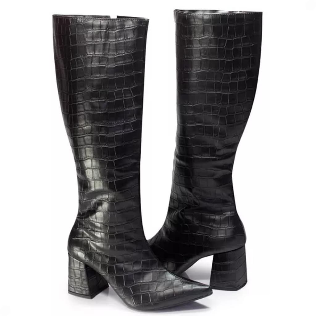 Bota Feminina Cano Longo Modelo Bico Fino Salto Bloco Grosso Atual Festa Última Moda