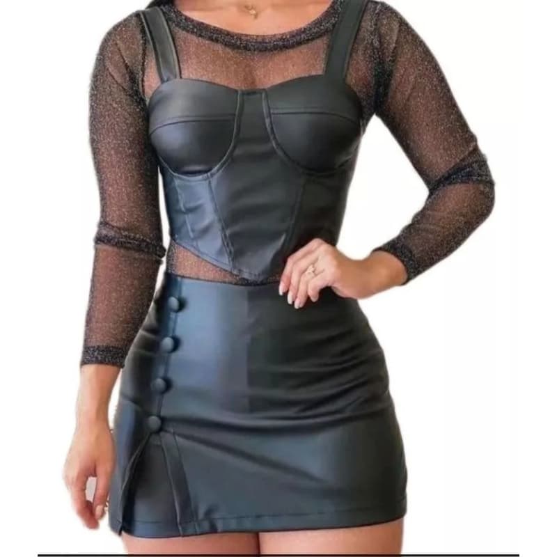 short saia de couro ecológico com 4 botões forrados