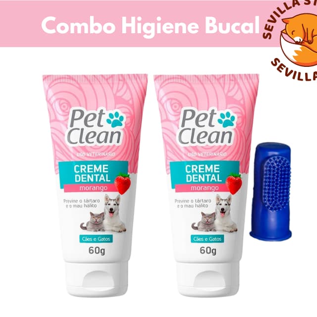 Kit 2 Creme Dental Pet Clean + Dedeira para Cães e Gatos