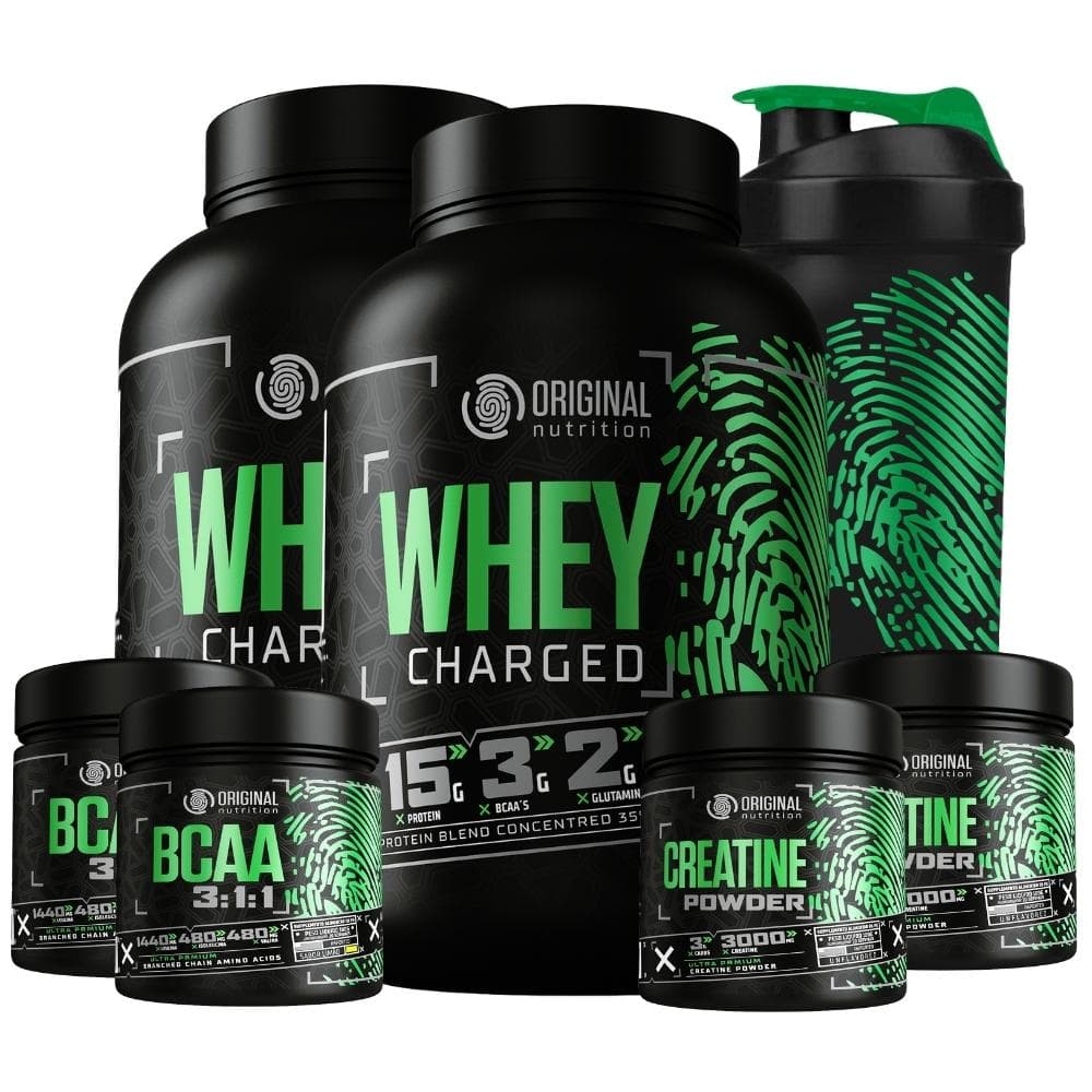 Kit 2x  Suplemento em pó Whey Protein Charged + 2 Bcaa + 2 Creatina + Shaker coqueteleira Original