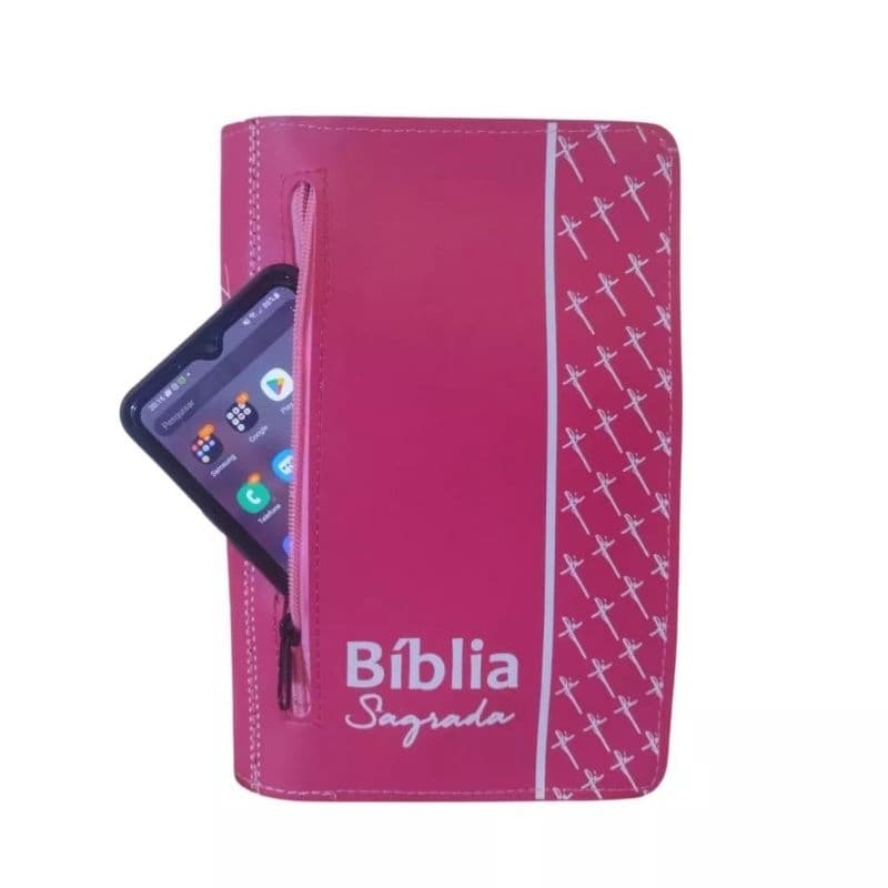 Capa para Biblia Feminina com Ziper e Bolso Externo Porta Celular | Numero 11 - Rosa Escrito Bíblia