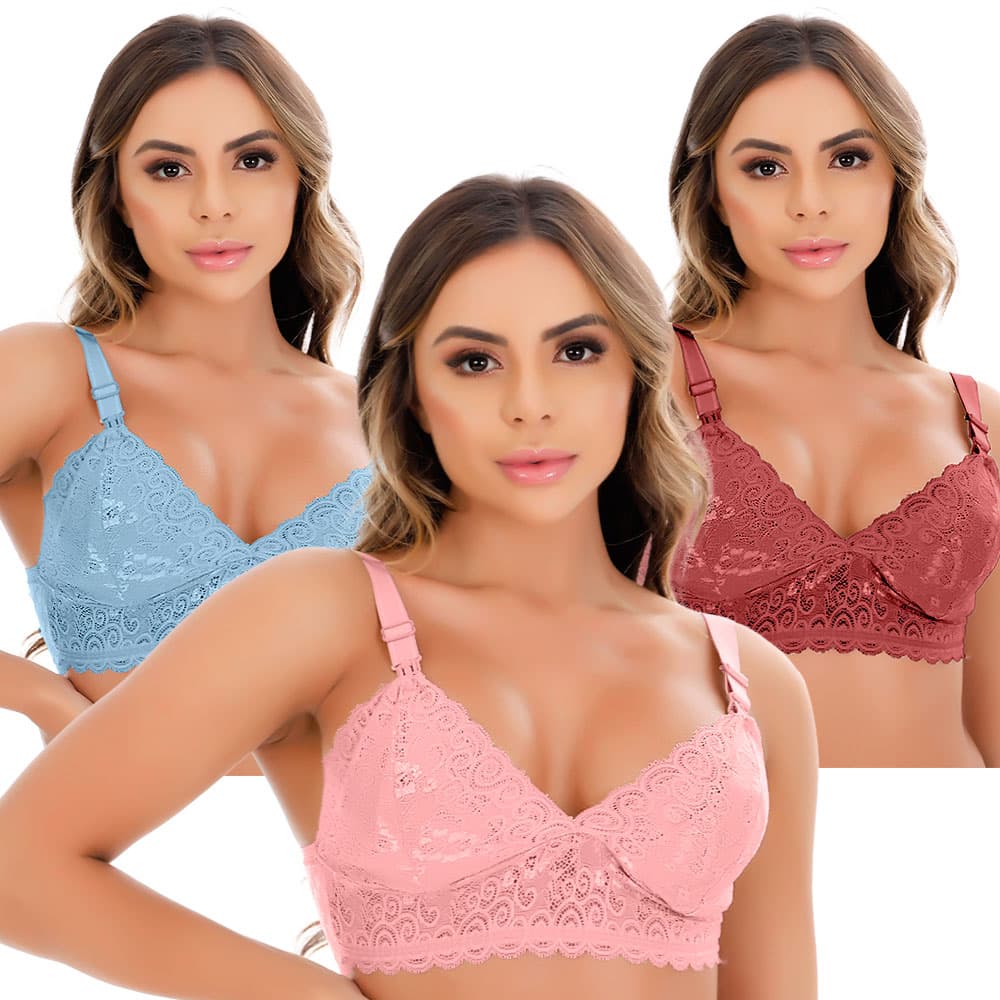 Kit 3 Sutiãs de Amamentação em Renda Reforçado Gestante Pós Parto