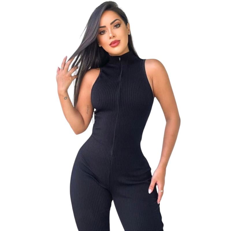 Macacão Regata Longo Preto Ziper Academia Festa gringa 3D