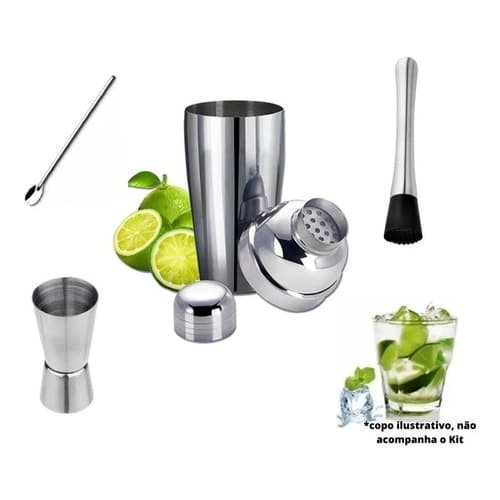 Kit Caipirinha 4 peças Inox Barman Coqueteleira Profissional Drinks