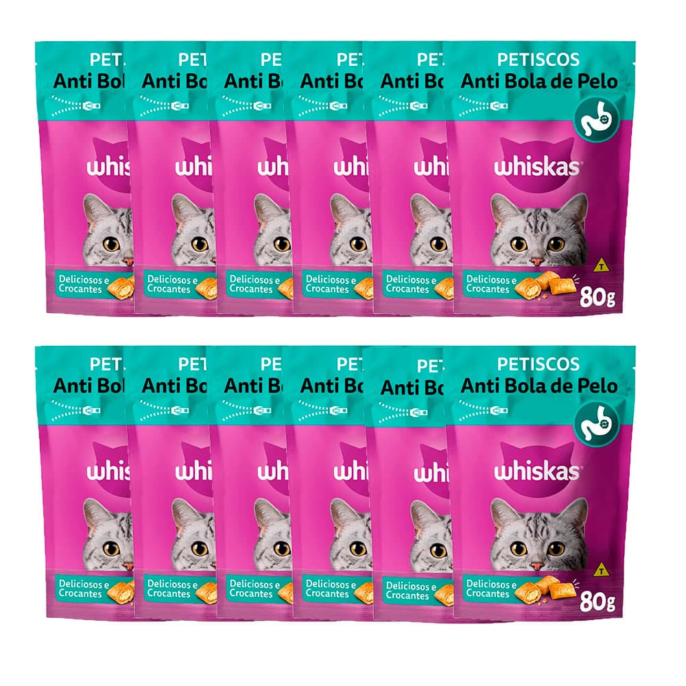 Kit 12 Un. Petisco Whiskas Temptations Anti Bola De Pelo Gatos Adultos 80g