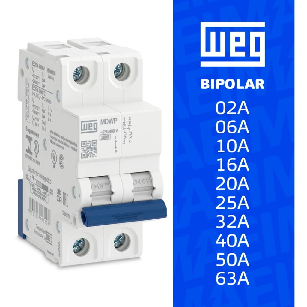 Mini Disjuntor Residencial Bipolar Weg Curva C MDWP-C 02A até 63A – Proteção Contra Curto-Circuito