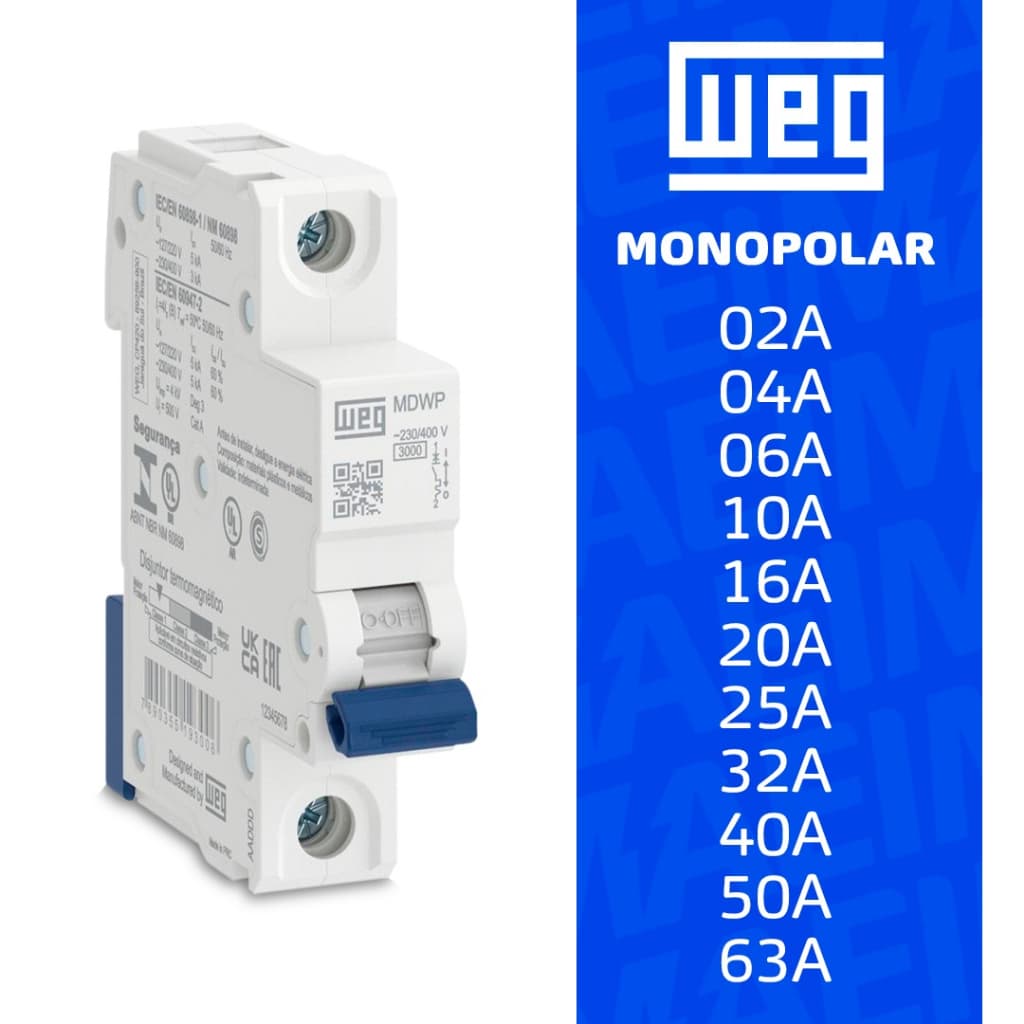 Mini Disjuntor Residencial Monopolar Weg Curva C MDWP-C 02A até 63A – Proteção Contra Curto-Circuito