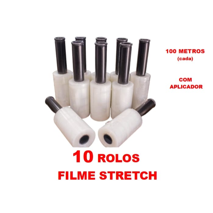 10 Rolos Filme Stretch C/ Cabo Adaptador (10cm) 100 Metros caixa com 10