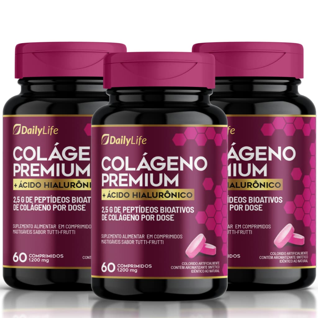 Kit 3x Colágeno Premium Com Ácido Hialurônico 180 Comprimidos Mastigável