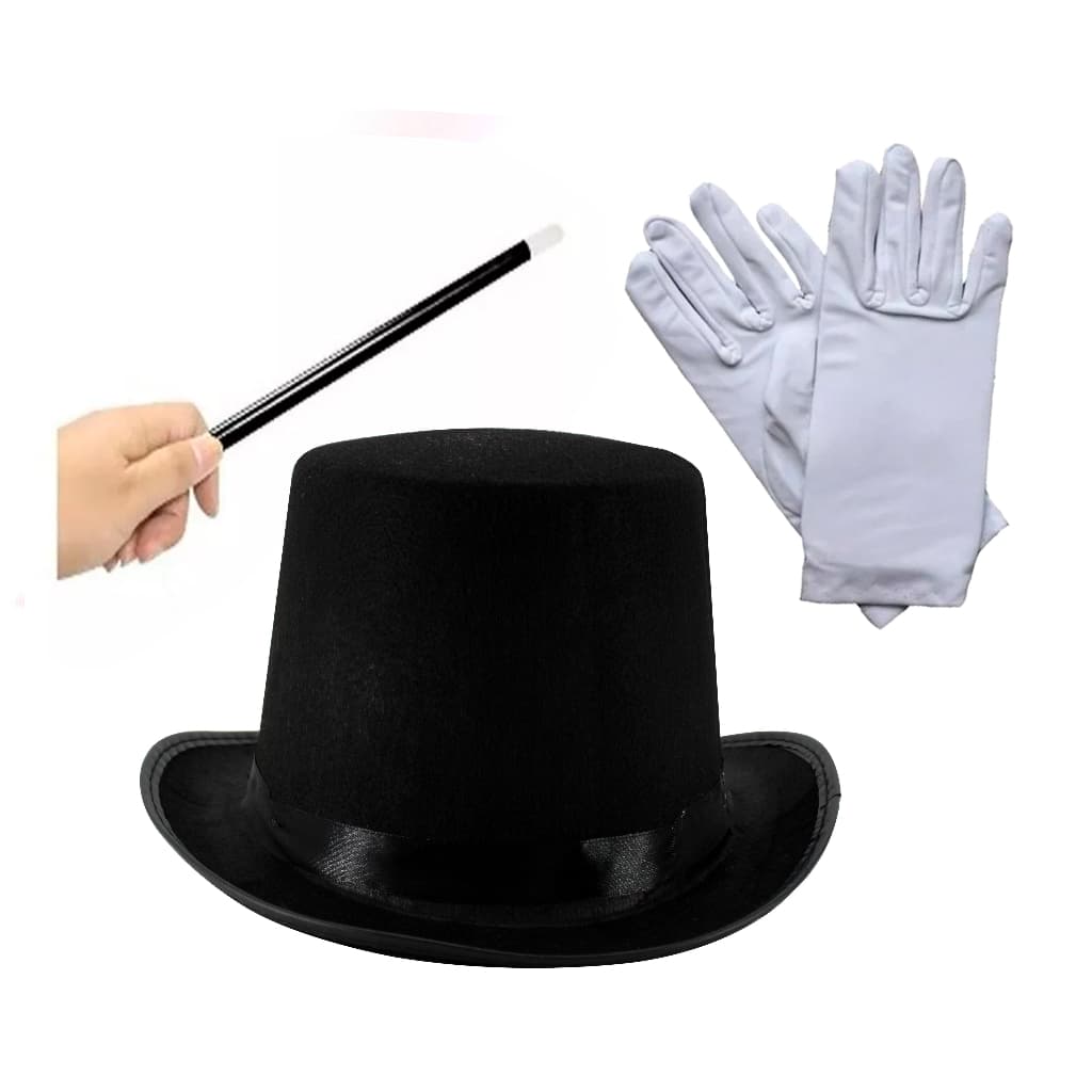 Fantasia Mágico Chapéu Cartola + Luva + Varinha Festa