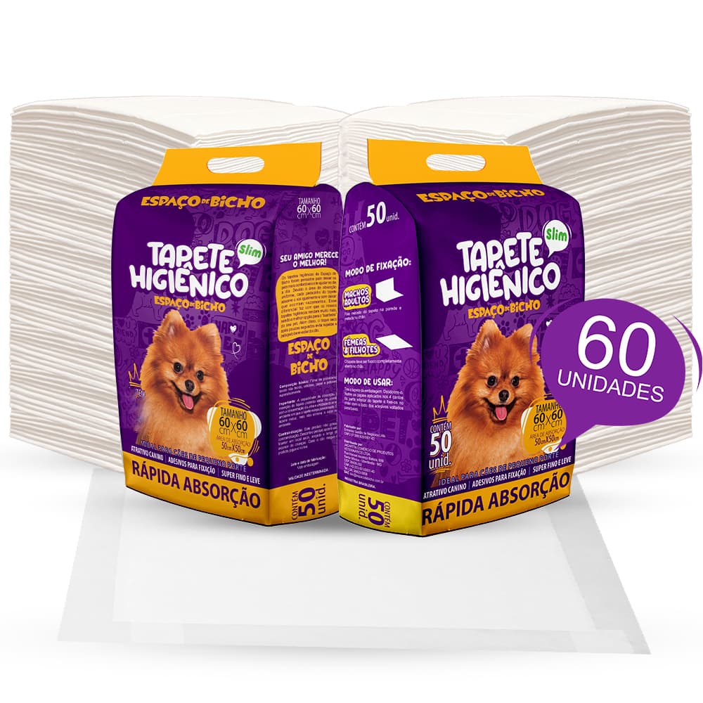 Kit 2un Tapete para Cachorro Higiênico Espaço De Bicho  Pet 60x60cm 60 Unidades