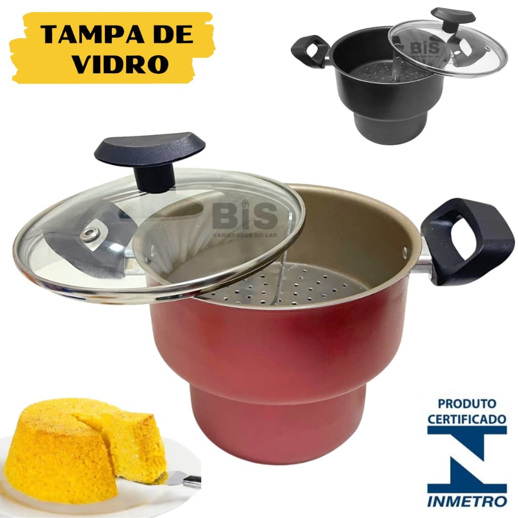 Cuscuzeiro Antiaderente Com Tampa Vidro N16 Preta ou Cereja Teflon Cuscuz Nordeste Mini Cuscuzeira