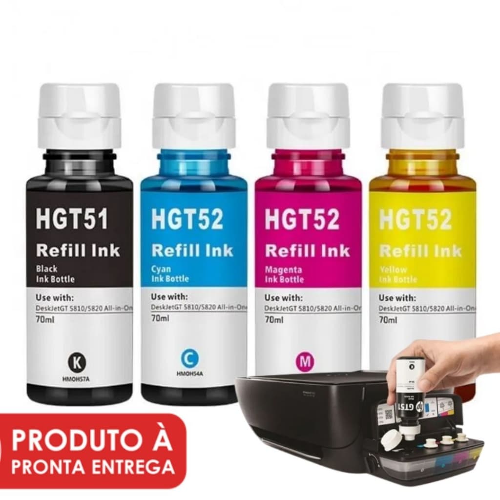 Kit 4x Refil Tinta para Hp Gt51 Gt52 PRETO e COLORS gt5822 Smart Tank 316 416 517 617 581 584 724