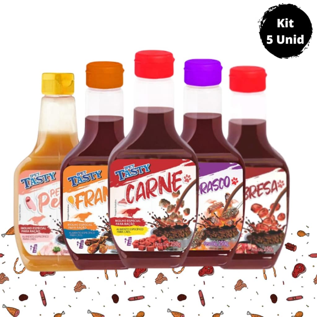 Kit 5 Unidades de Molho Especial Para Ração Tasty Para Cachorro 250g Ipet Vários Sabores.