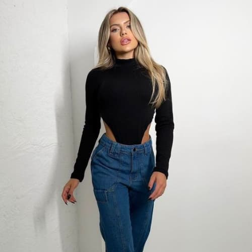 Body Collant Feminino Cavado Gola Alta Manga Longa Tendência Moda Blogueira