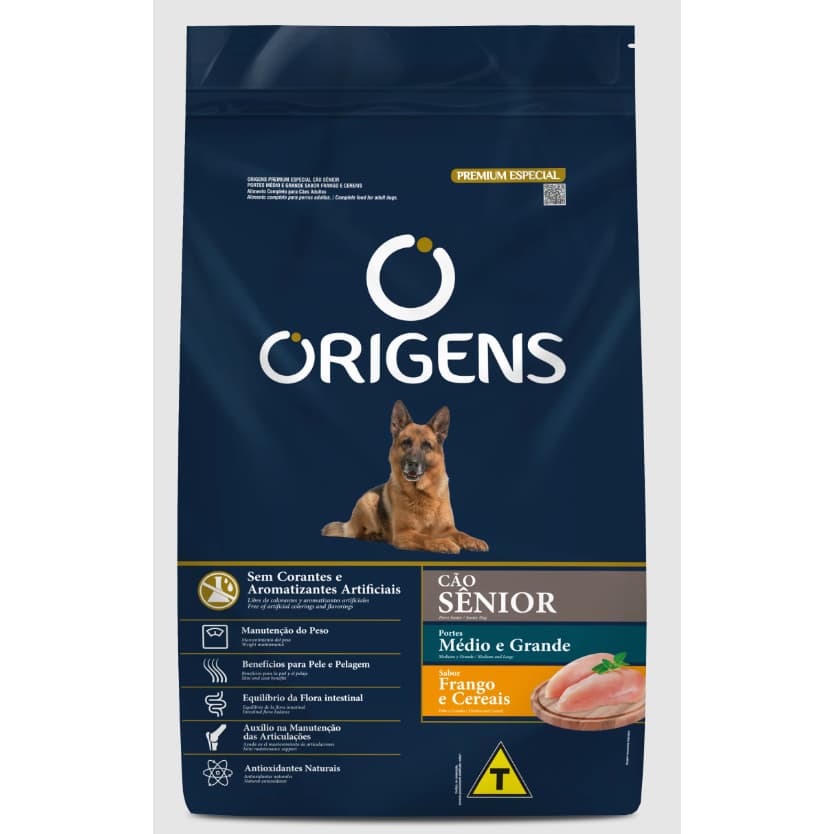 Ração Origens Cães Sênior Porte Médio e Grande Sabor Frango e Cereais 15kg Adimax