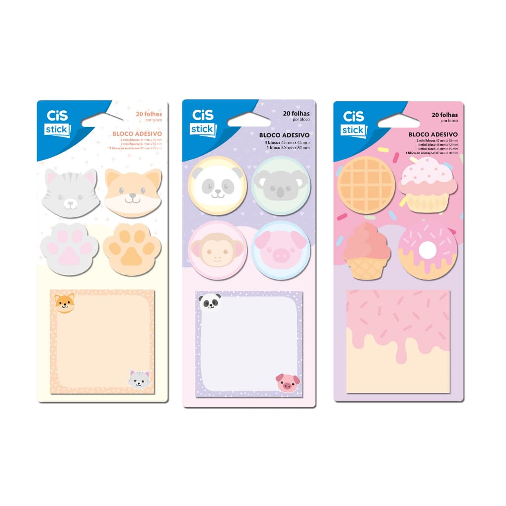 Kit Bloco Adesivo Colorido 5 Peças com 20 Folhas (Stick Notas Candy e Pets) - Cis