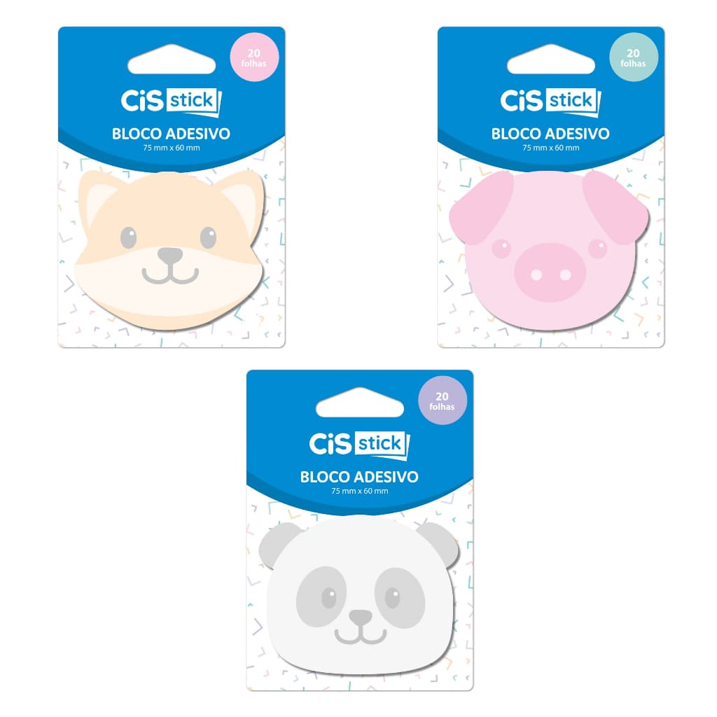 Bloco Adesivo 60 x 75 mm 20 Folhas (Sitck Notes Porco, Panda e Urso) - Cis