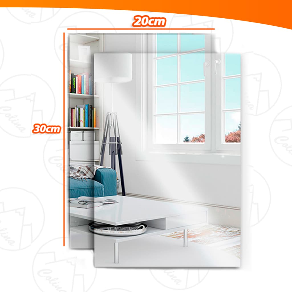 Kit 2 Espelhos Placa 30x20cm Adesivo Auto Colante Acrílico Boa Nitidez Retangular Decorativo Quarto Sala Banheiro