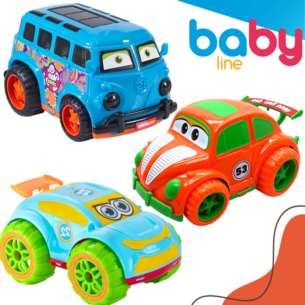 Kit 3 Carrinhos Brinquedo Baby Fuskinha Kombi Panther Brinquedos Coloridos Presente Dia das Crianças