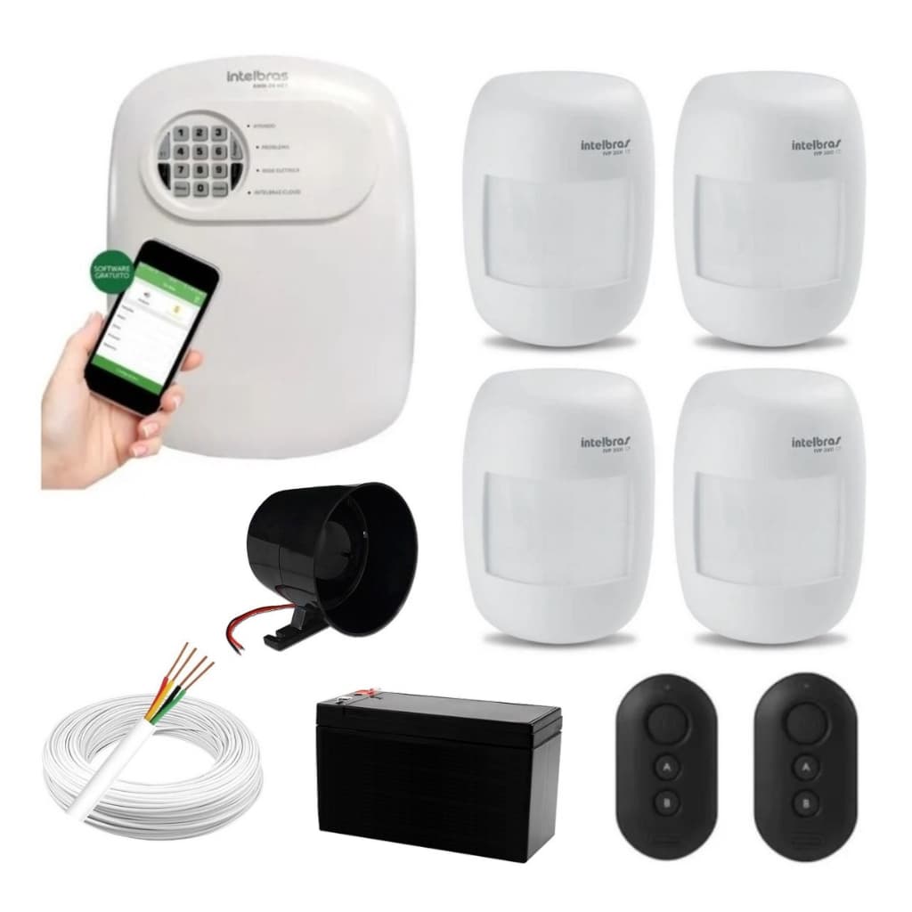 Sistema Alarme Intelbras 4 Sensores Presença Sem Fio Acesso Celular ANM 24 Net