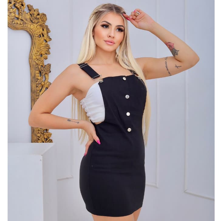 Vestido Jardineira Bengaline Suspensório Barato Fashion Top