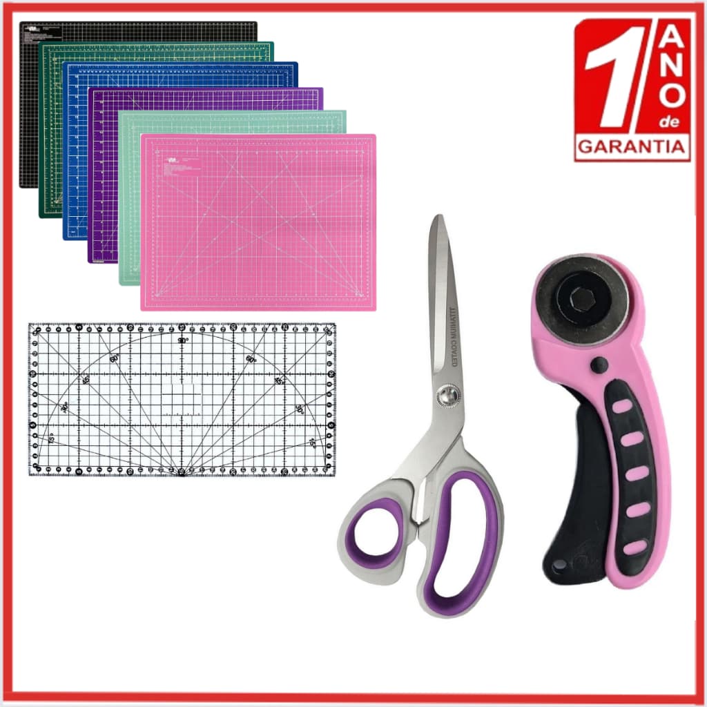 Kit Patchwork Base 22x30, 30x45, 60x45 ,90x60cm + Cortador 45mm + Régua 05x30cm , 05x60cm + Tesoura