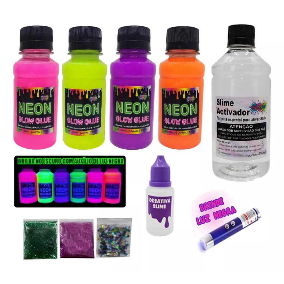 kit slime com colas neon  ine slime  especial dia das crianças com gliter estrelinhas desativador ativador
