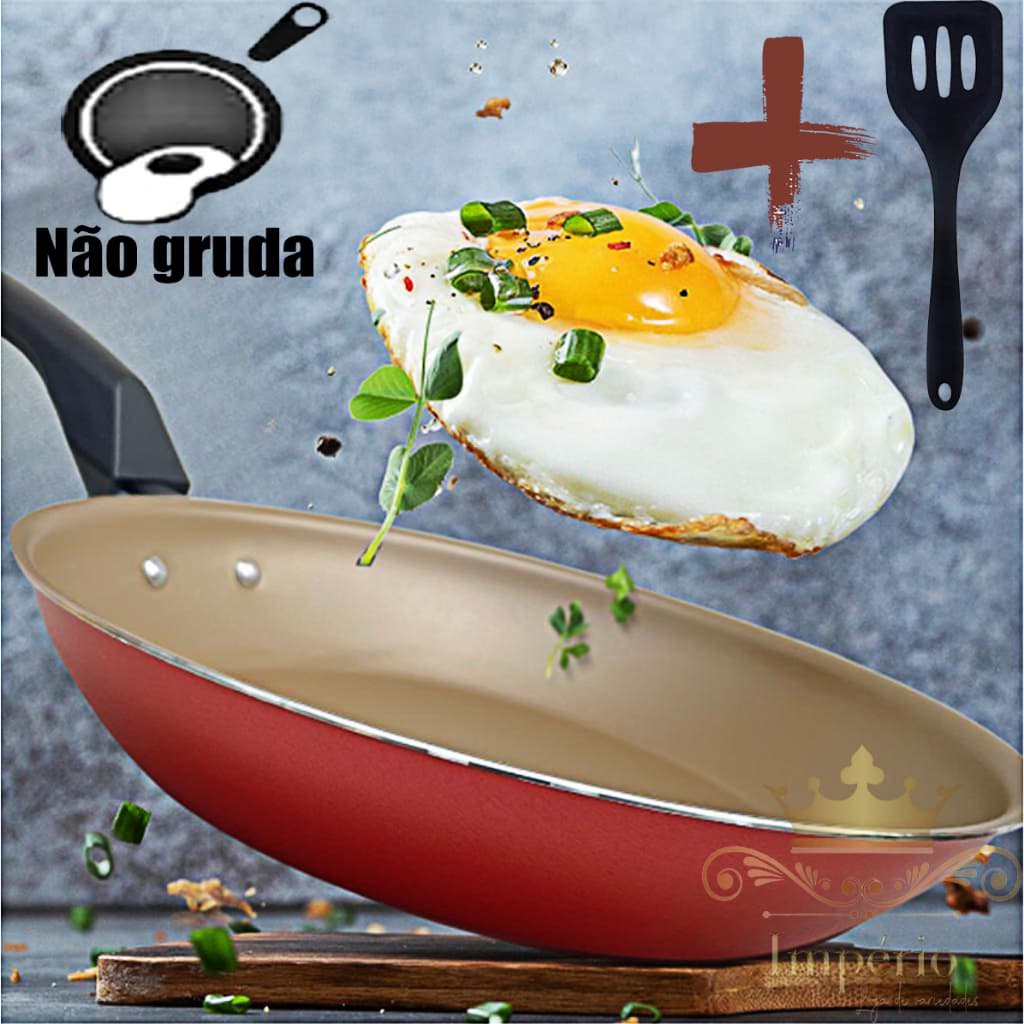 Frigideira Francesa 22 cm Com Espátula Antiaderente Com 5 Camadas De Teflon Cor Cereja E Dourado Alumínio Reforçada Funda Para Ovo