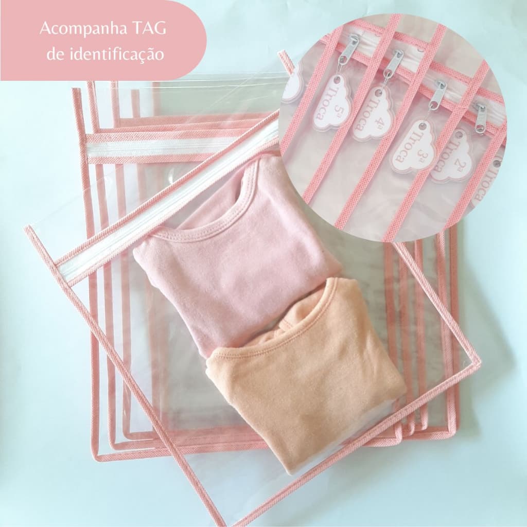 Kit 06 saquinhos organizador de mala e saída maternidade + Tag de identificação de troca