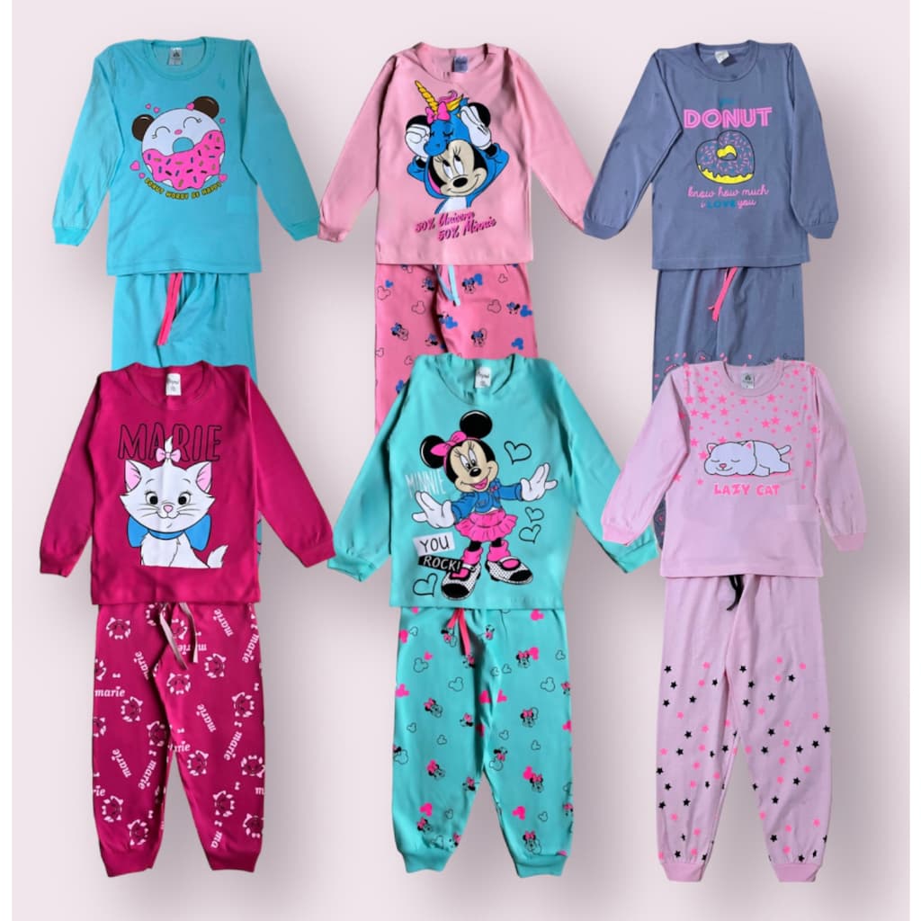Kit 6 peças pijama infantil 3 calças e 3 blusas menina inverno comprido manga longa frio feminino roupa dormir