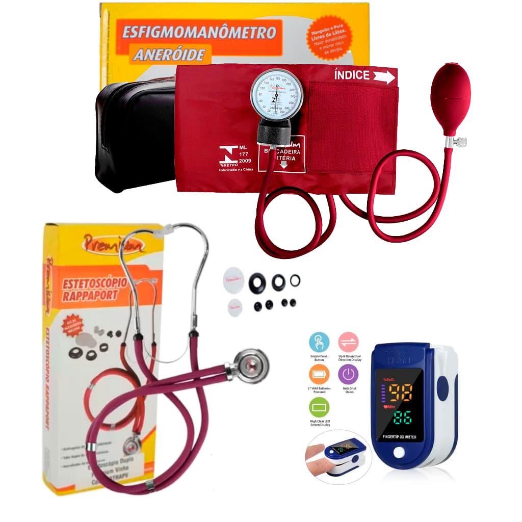 Kit Enfermagem Esfigmomanometro e Estetoscópio Adulto e Infantil com Oximetro  - VINHO ROSA PRETO AZUL GRAFITE VERDE