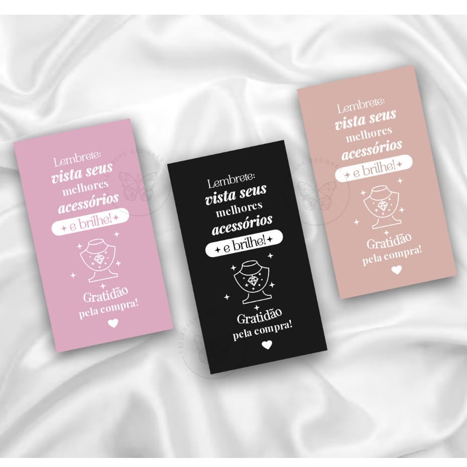 Cartão mini postal de cuidados com acessórios 9x5cm, semijoias e prata, agradecimento ao cliente pela compra