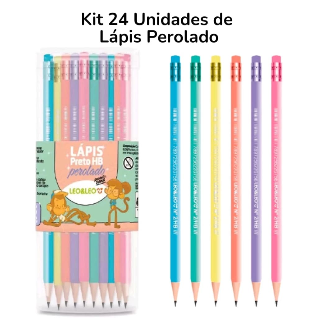 Kit 24 Lápis Tom Pastel Perolado com Borracha de Escrever Escolar Ponta Resistente Leo&Leo