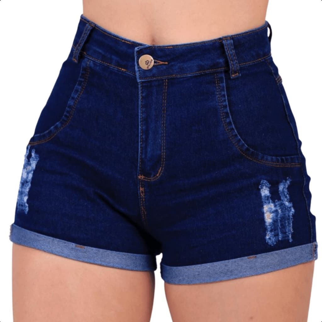 Short Jeans Feminino Cintura Alta Barra Dobrada Com Lycra