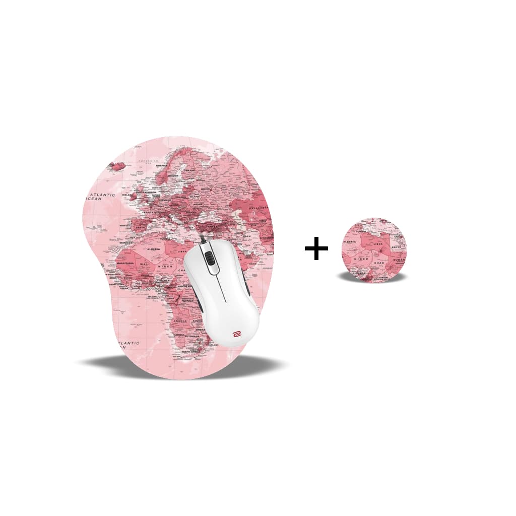 Mouse Pad Ergonômico mapa rosa + Porta copo