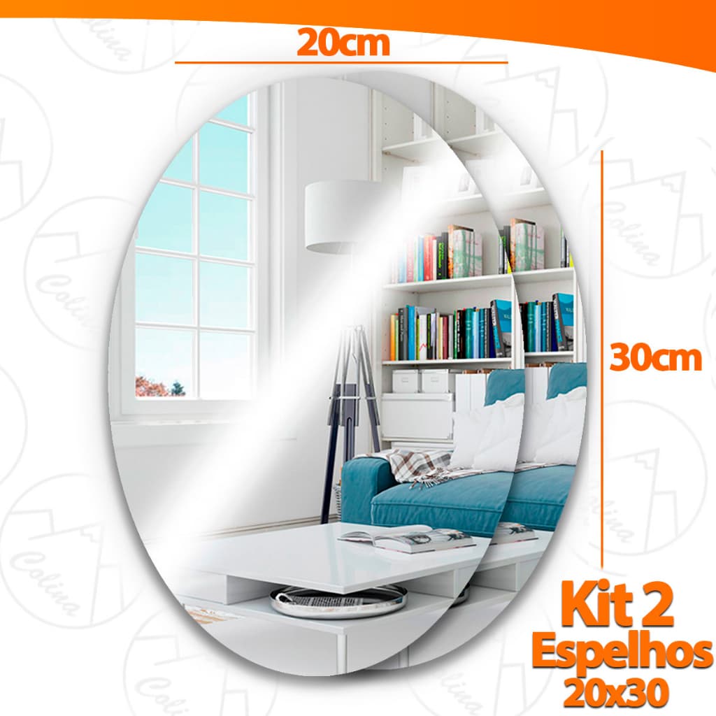 Kit 2/1 Espelho Adesivo Acrilico Oval 20x30cm Boa Nitidez Decorativo Sala Banheiro