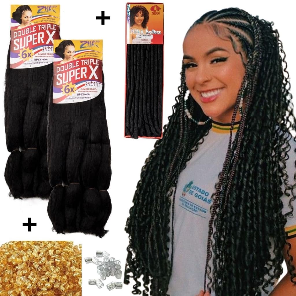 Kit 2 Cabelo Jumbo Super Hiper  X + Nina Softex Original E Anel Tranças Gypsy Goddess Crochet Braids