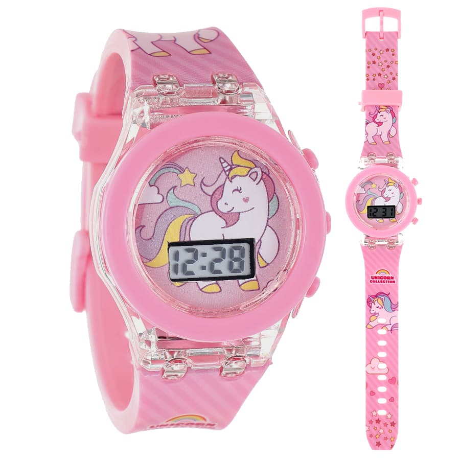 Relógio Infantil Unicórnio Digital Fashion Rosa para Meninas com Leds Luminosos