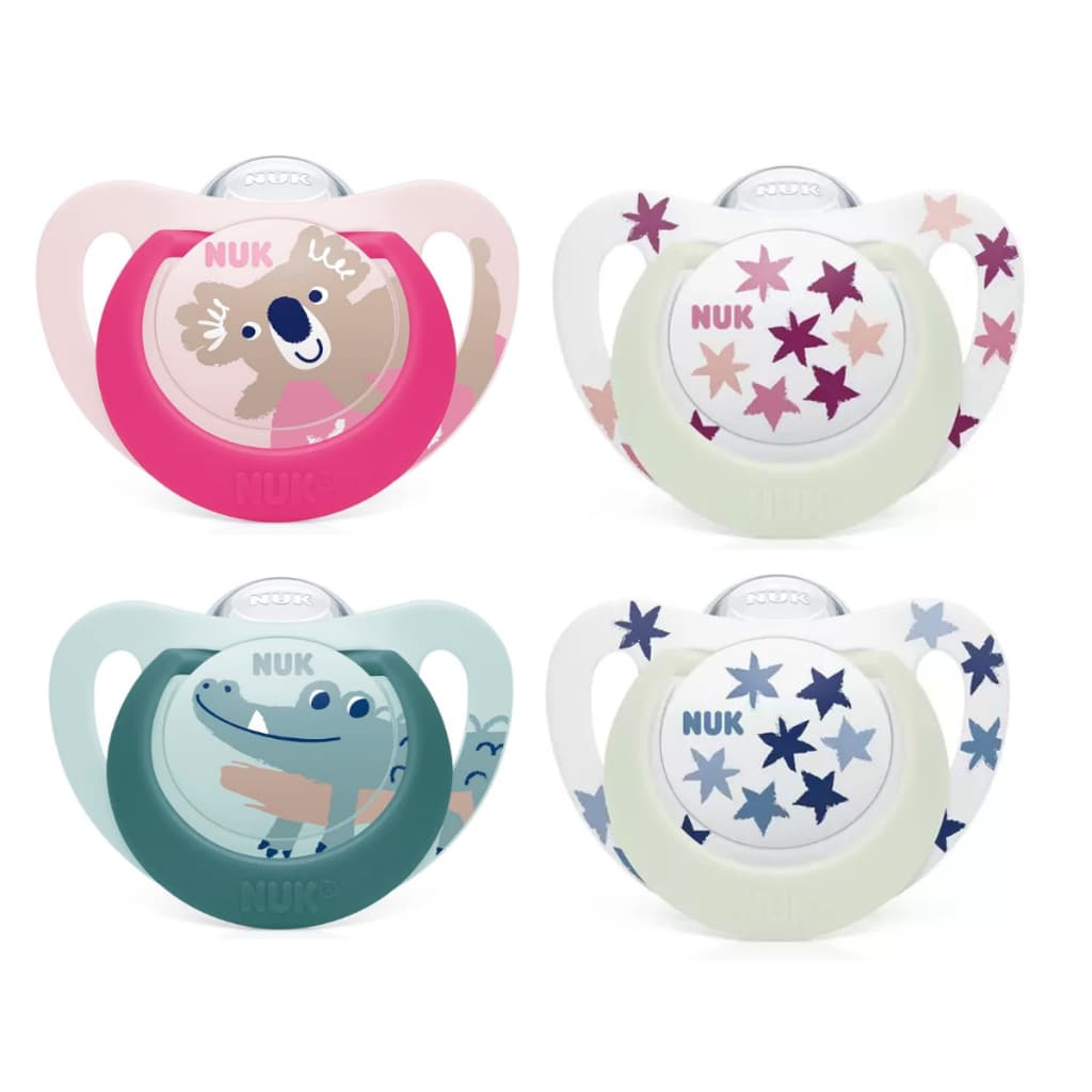 Kit Chupetas Nuk Star Silicone Ortodôntico Brilha Escuro Estojo Esterilizável Dia/Noite +6 meses
