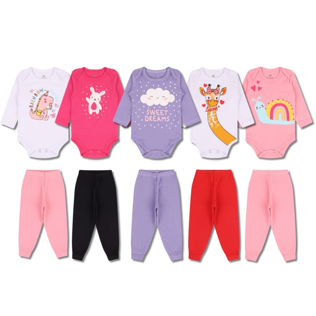 Kit Body Bebe Menina 8 Peças 4 body Manga Longa + 4 Calças/Mijão