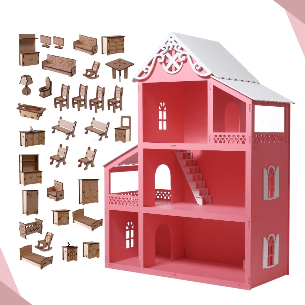 Casa Casinha Boneca Polly MDF MONTADA pintada mais kit moveis cru 20 peças