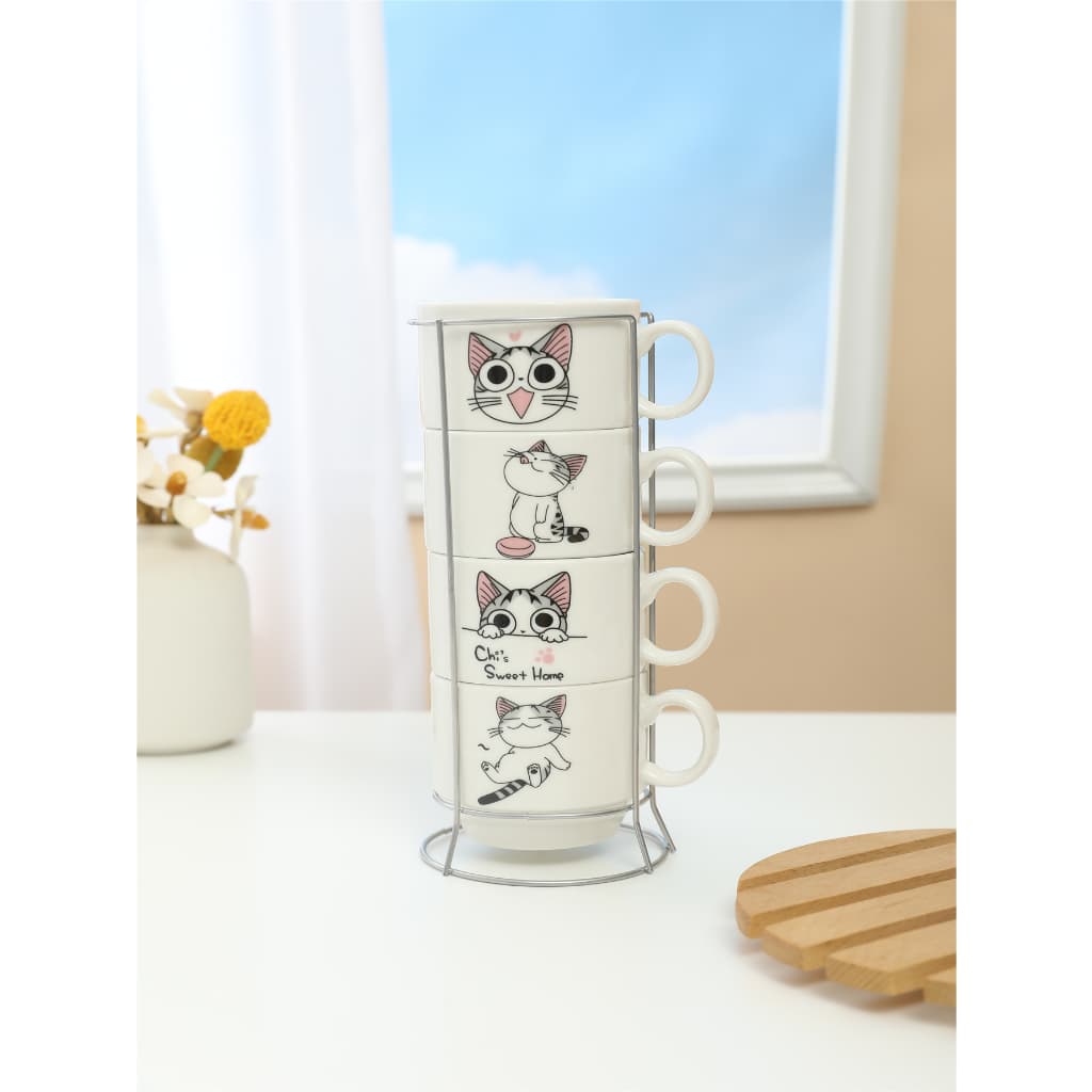 Kit 4 Xícaras Cerâmicas + 1 Suporte Torre de Metal 160ml - Pets/Gatinhos