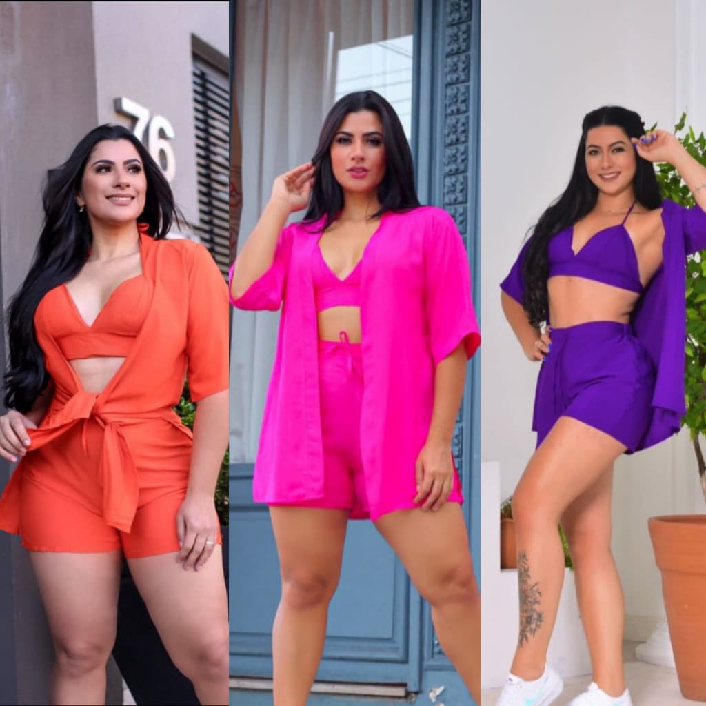 Conjunto Feminino kimono 3 Peças + Short e Cropped com Bojo  Duna Não Amassa