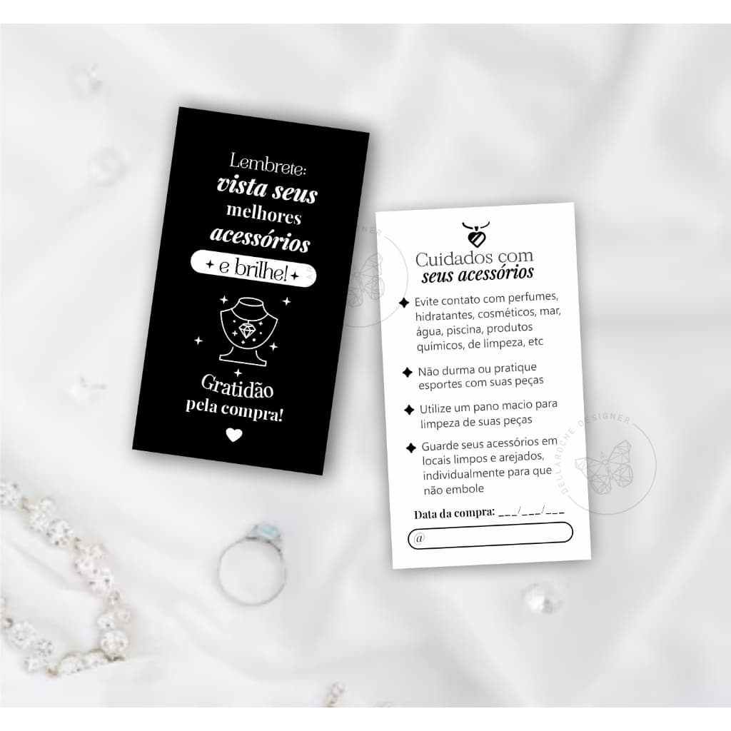 Cartão de Cuidados com Semijoias Acessórios Bijouterias 9x5cm, Agradecimento ao Cliente pela Compra