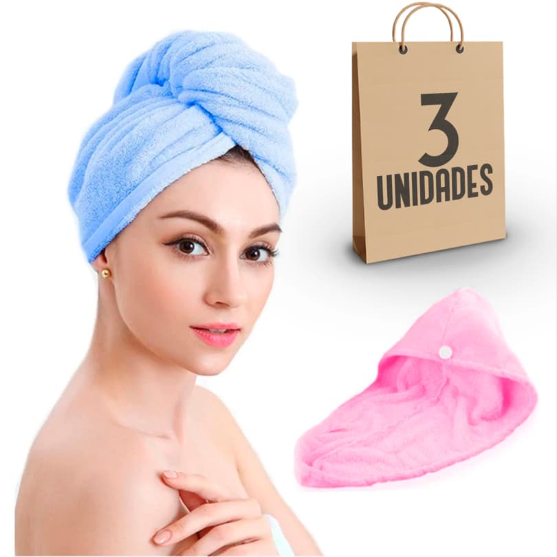 03 Toalhas Touca Secar Cabelo Microfibra Anti Frizz Pós Banho